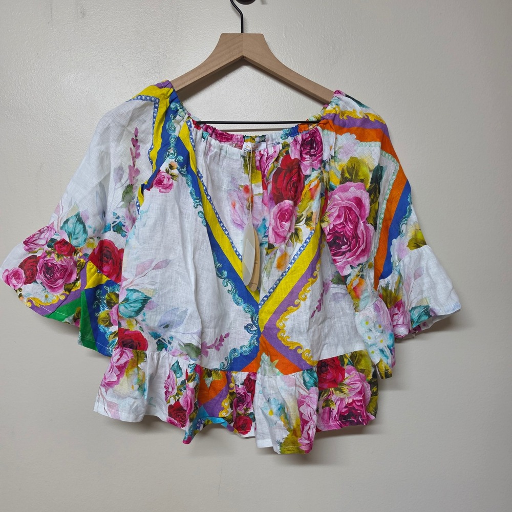 Ismeralda‎ Italy Pure Linen Floral Bolero Top Rose Foulard Print One Size NWT